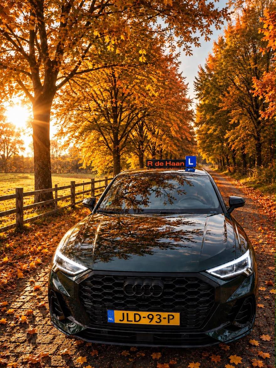 De lesauto van Autorijschool R. de Haan, een zwarte Audi Q3, op een herfstige laan in West-Friesland